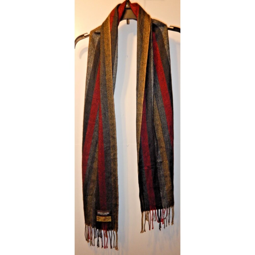 Pierre Cardin Fine Muffler Scarf Striped Red Gold Black Gray Fringe Winter Wrap